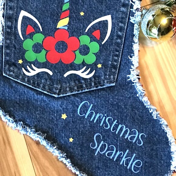 Handmade Christmas Stocking w/Jean Pocket, Unicorn Graphic, Recycled Denim - Picture 6 of 9